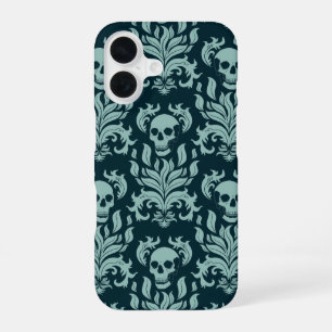 Funda Para iPhone 16 Damasco de llamas de cráneo en verde menta sobre a