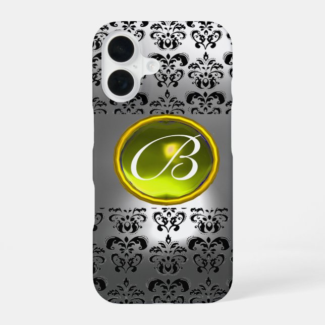 Funda Para iPhone 16 DAMASK GEM MONOGRAM Cristal blanco amarillo (Reverso )