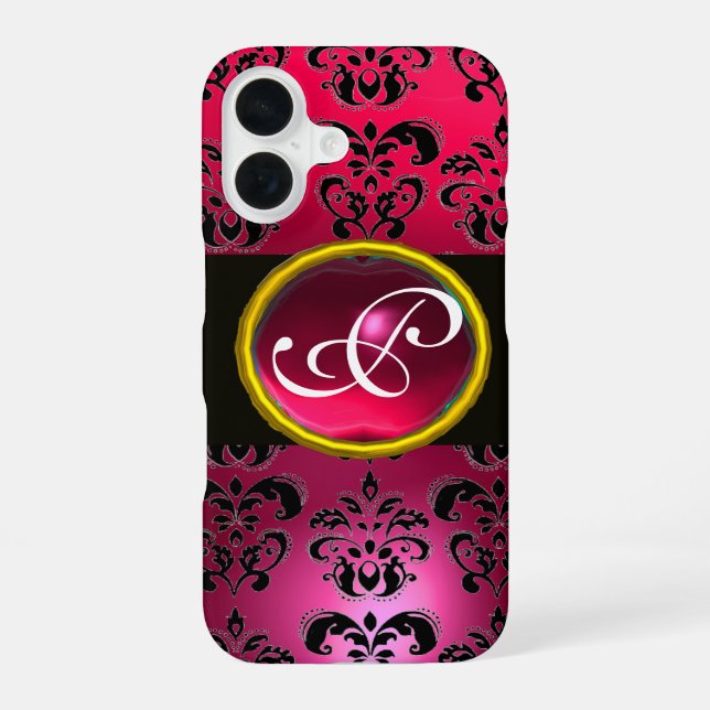 Funda Para iPhone 16 DAMASK GEM MONOGRAM Ruby rojo rosado (Reverso )