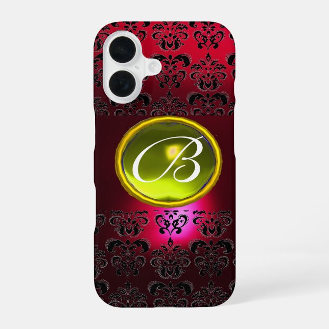 Funda Para iPhone 16 DAMASK GEM MONOGRAM Topacio Amarillo ,Rubí Rojo (Reverso )