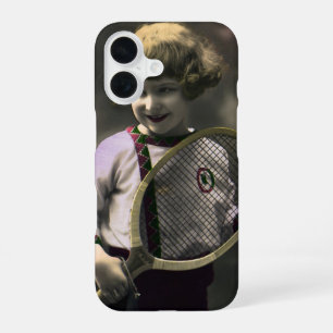 Funda Para iPhone 16 Deportes de tenis vintage, niña feliz con raqueta