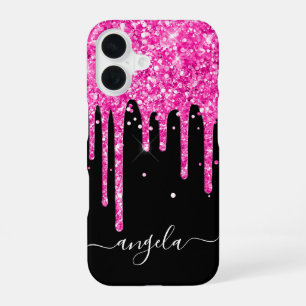 Funda Para iPhone 16 Destellos de rosa caliente Brillo negro Glam Signa