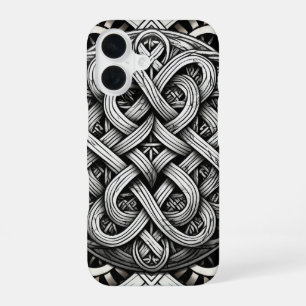 Funda Para iPhone 16 Detaillierte Schwarz-Weißer keltischer Knoten 0001