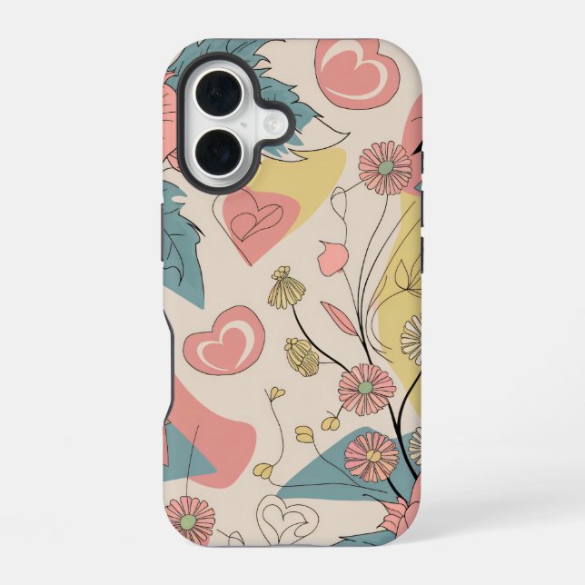 Funda Para iPhone 16 Dibujar Patrón Con Corazones Y Flores (Reverso )