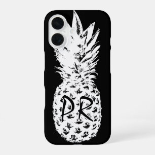 Funda Para iPhone 16 Dibujo de piña negro y blanco monograma personaliz