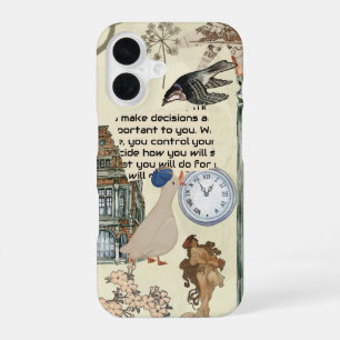 Funda Para iPhone 16 Diseño de arte retro de pato, reloj y floral