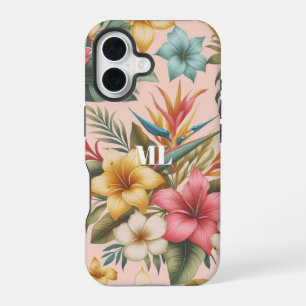 Funda Para iPhone 16 Diseño de Monograma de Flores Tropicales de Isla