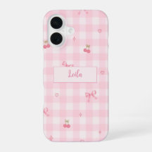 Diseño de nombre con lazo de cereza en gingham ros