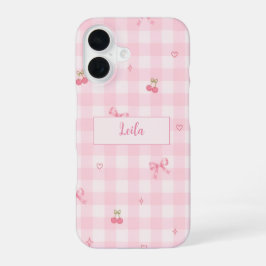 Funda Para iPhone 16 Diseño de nombre con lazo de cereza en gingham ros