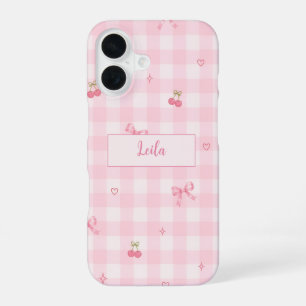 Funda Para iPhone 16 Diseño de nombre con lazo de cereza en gingham ros