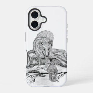 Funda Para iPhone 16 Diseño en blanco y negro de lobo y cuervo