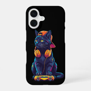 Funda Para iPhone 16 Diseño genial de gato negro jugador Halloween espe