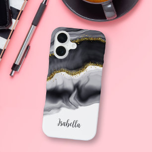 Funda Para iPhone 16 Dorado Falso Brillo Negro Personalizado