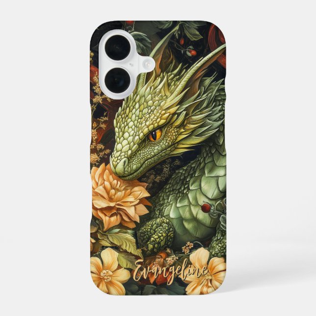 Funda Para iPhone 16 Dragón verde encantado con arreglo floral elegante (Reverso )
