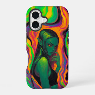Funda Para iPhone 16 Duende psicodélico en olas de lava de neón