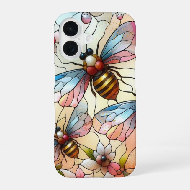Funda Para iPhone 16 Efecto de vidrio emplomado con abejas (Reverso )