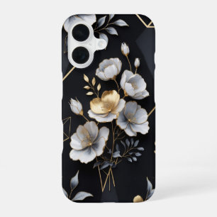 Funda Para iPhone 16 Elegancia floral - negro mate con oro y plata