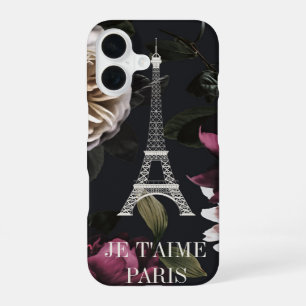 Funda Para iPhone 16 Elegante Floral Oscuro París Torre Eiffel
