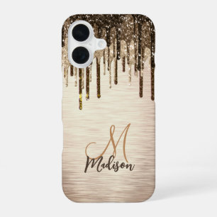 Funda Para iPhone 16 Elegante goteo marrón dorado purpurina monograma F