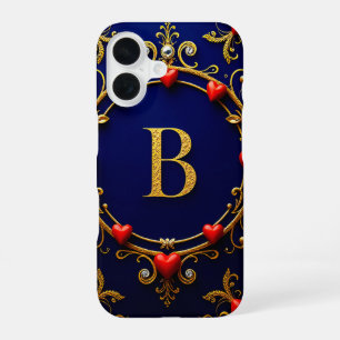 Funda Para iPhone 16 Elegante letra B dorada rodeada de corazones