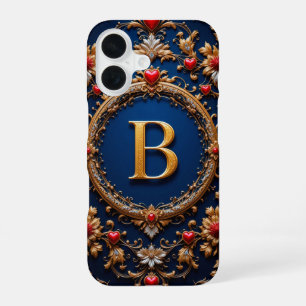 Funda Para iPhone 16 Elegante letra dorada B rodeada de corazones