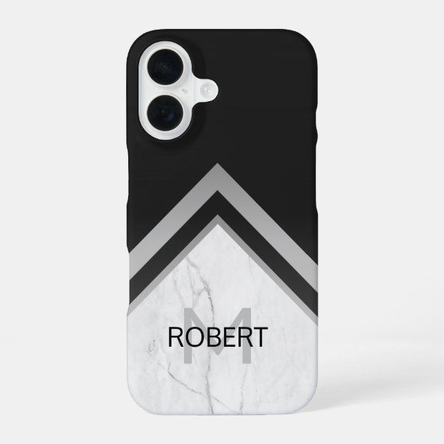 Funda Para iPhone 16 Elegante Mármol Geométrico Monogramado Negro Plata (Reverso )