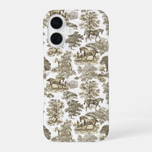 Funda Para iPhone 16 Elegante patrón de toile de caballos beige blanco