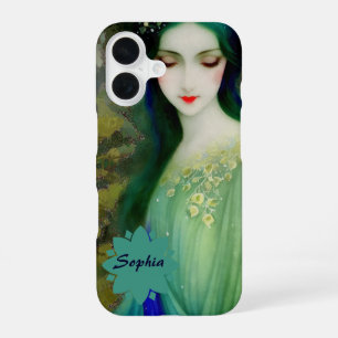 Funda Para iPhone 16 Elegante retrato de mujer de fantasía en verde y a