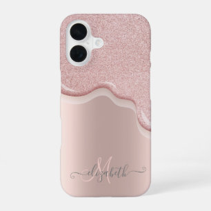 Funda Para iPhone 16 Elegante Rosa Dorada con Monograma y Brillo en Got
