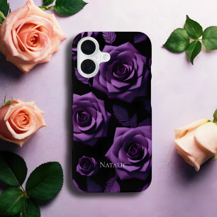 Funda Para iPhone 16 Elegante Rosas morados oscuros Monograma estuche d
