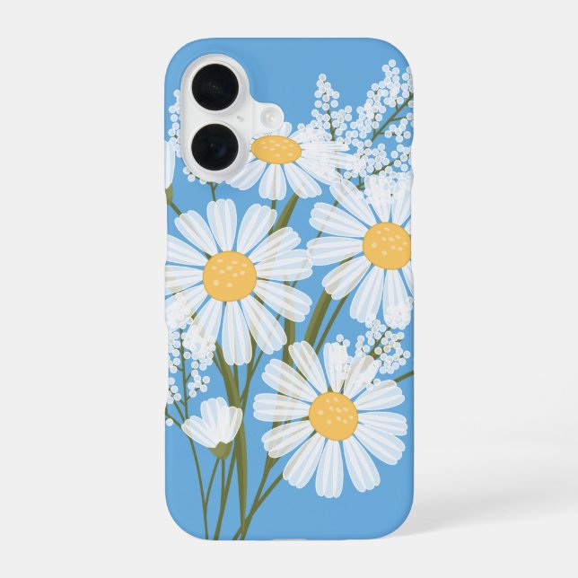 Funda Para iPhone 16 Elegantes margaritas blancas florales en azul (Reverso )