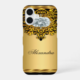 Funda Para iPhone 16 Elite Regio Oro Negro Ornamentado Joya de Diamante