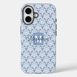 Funda Para iPhone 16 Encaje Blanco Damask sobre Monograma y Nombre en A
