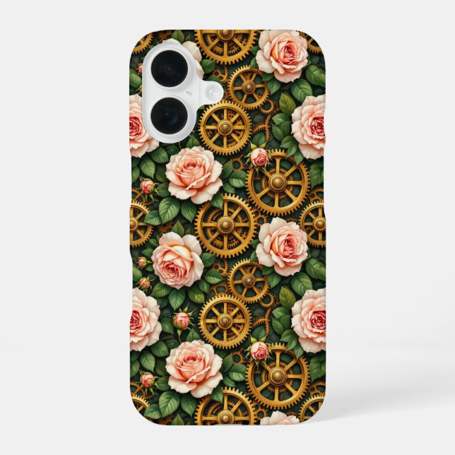 Funda Para iPhone 16 Engranajes de latón y rosas (Reverso )