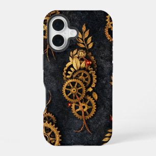Funda Para iPhone 16 Engranajes Dorados Vintage y Neon Rojo Cyberpunk M