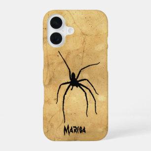 Funda Para iPhone 16 Espeluznante araña sobre fondo tan morado