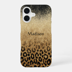 Funda Para iPhone 16 Estampado de leopardo con brillo dorado y monogram