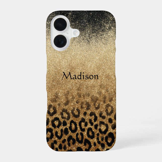Funda Para iPhone 16 Estampado de leopardo con brillo dorado y monogram (Reverso )
