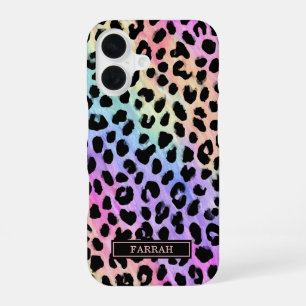 Funda Para iPhone 16 Estampado de leopardo de arcoíris pastel monograma