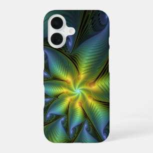 Funda Para iPhone 16 Estrella abstracta, arte fractal dorado verde azul