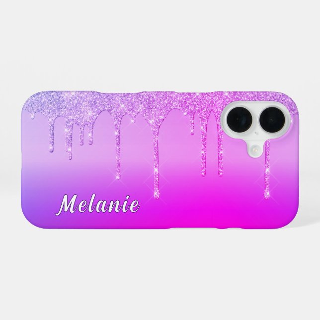 Funda Para iPhone 16 Estuche Purple Pink Neon iPhone con nombre persona (Reverso Horizontal)
