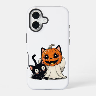 Funda Para iPhone 16 Fantasma y gato negro con máscaras de Halloween