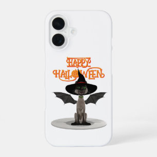 Funda Para iPhone 16 Feliz Halloween. Gato con alas y sombrero de bruja
