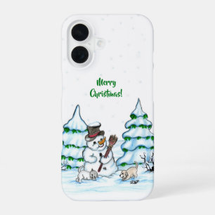 Funda Para iPhone 16 ¡Feliz Navidad! Muñeco de nieve con gato y cachorr