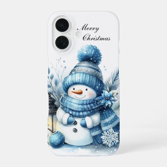 Funda Para iPhone 16 Festive Christmas blue snowman customizable  (Reverso )