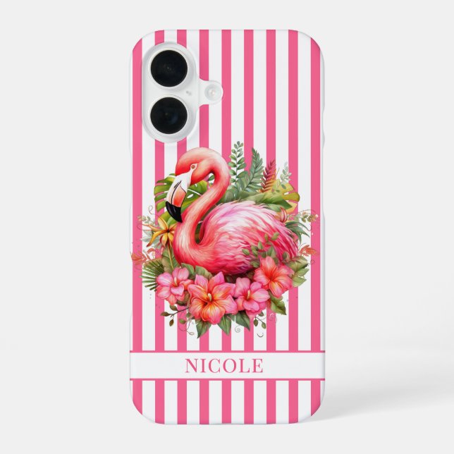 Funda Para iPhone 16 Flamenco con Flores Tropicales sobre Rayas (Reverso )