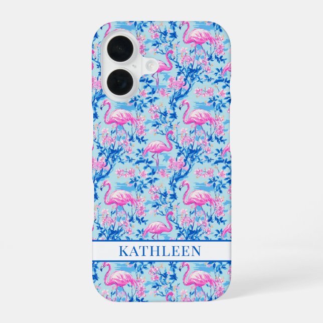 Funda Para iPhone 16 Flamencos con Flores Rosas Monogramadas (Reverso )