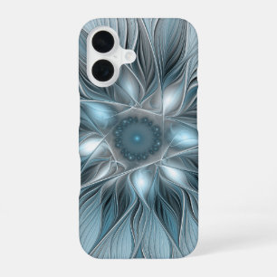 Funda Para iPhone 16 Flor abstracta alegre azul gris fractal floral