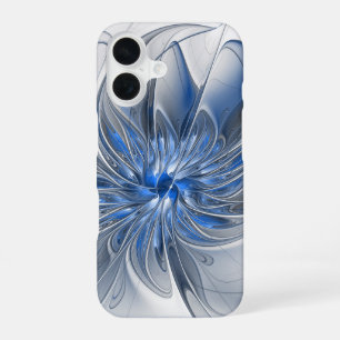 Funda Para iPhone 16 Flor abstracta de arte fractal en acuarela gris az