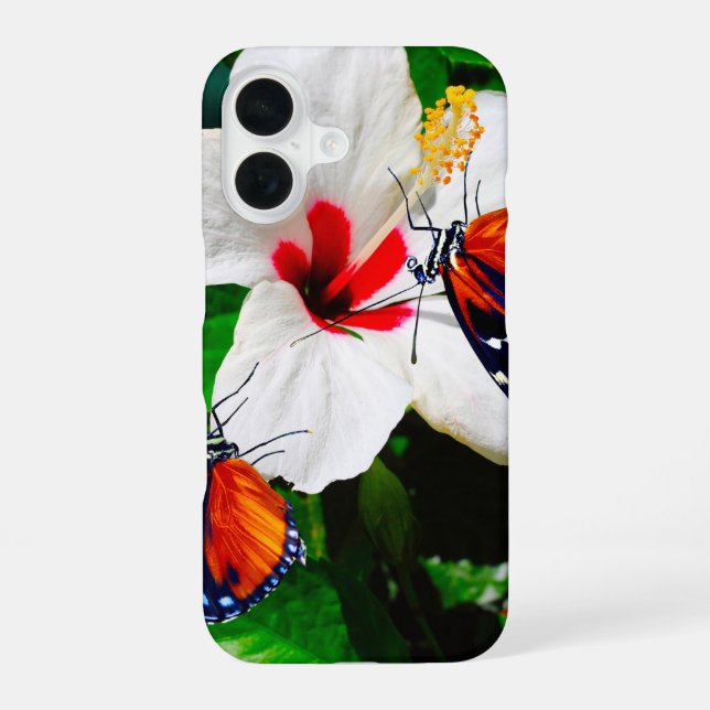 Funda Para iPhone 16 Flor de Hibisco con 2 mariposas Tigre Longwing (Reverso )
